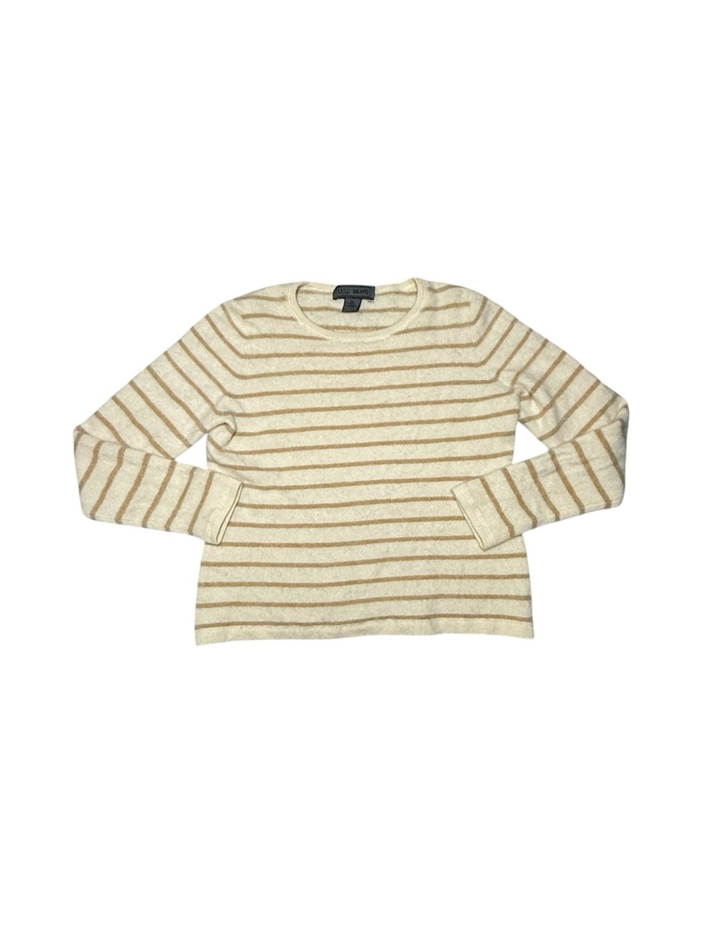 Lulu Bravo Striped Crewneck Sweater in Cream and Tan Cashmere Sweater XLarge